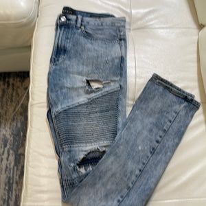 PACSUN MENS BLUE JEANS LIKE NEW DISTRESSED STACKED SKINNY STRAIGHT SIZE 32”X34”